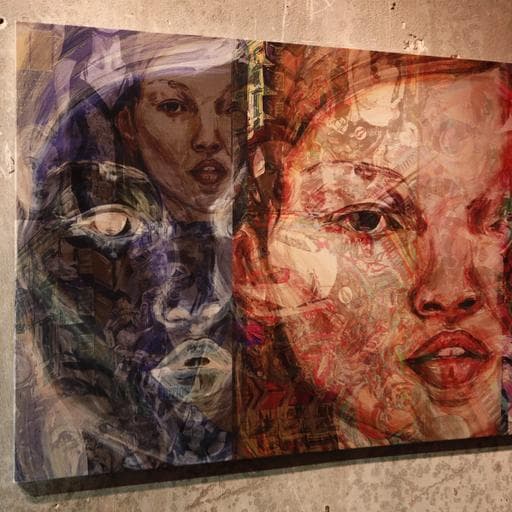 Large expressive painting of overlapping faces in purple, blue and warm orange tones.